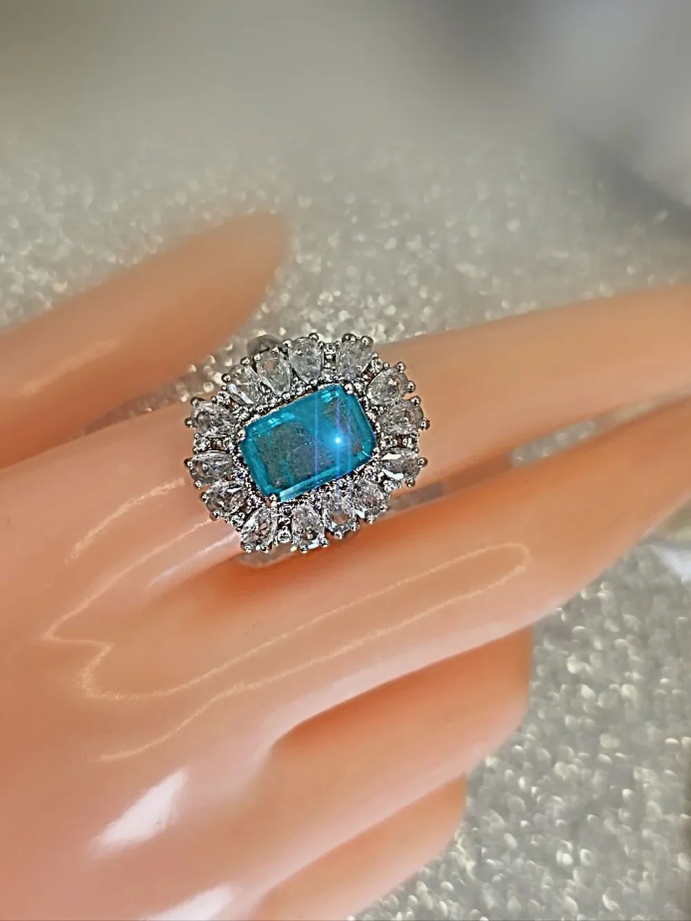 Neon Blue Paraiba & Clear Zircon Cocktail Ring 18K White Gold on 925 Silver